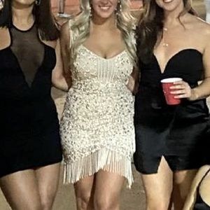 Nude dress with silver/white pearl beading!